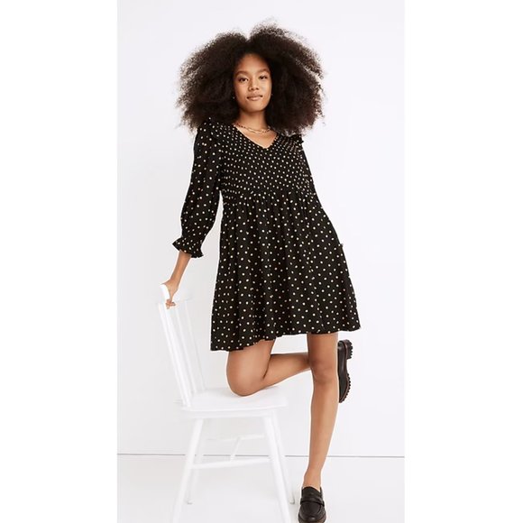 Madewell Dresses & Skirts - Madewell Lucie V-Neck Smocked Mini Dress Oval Polka Dot Ruffle V Neck Black XS